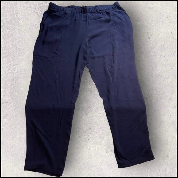 NWT Eileen Fisher Silk Georgette Crepe Slouchy Ankle Pants Navy Blue L - Picture 8 of 9